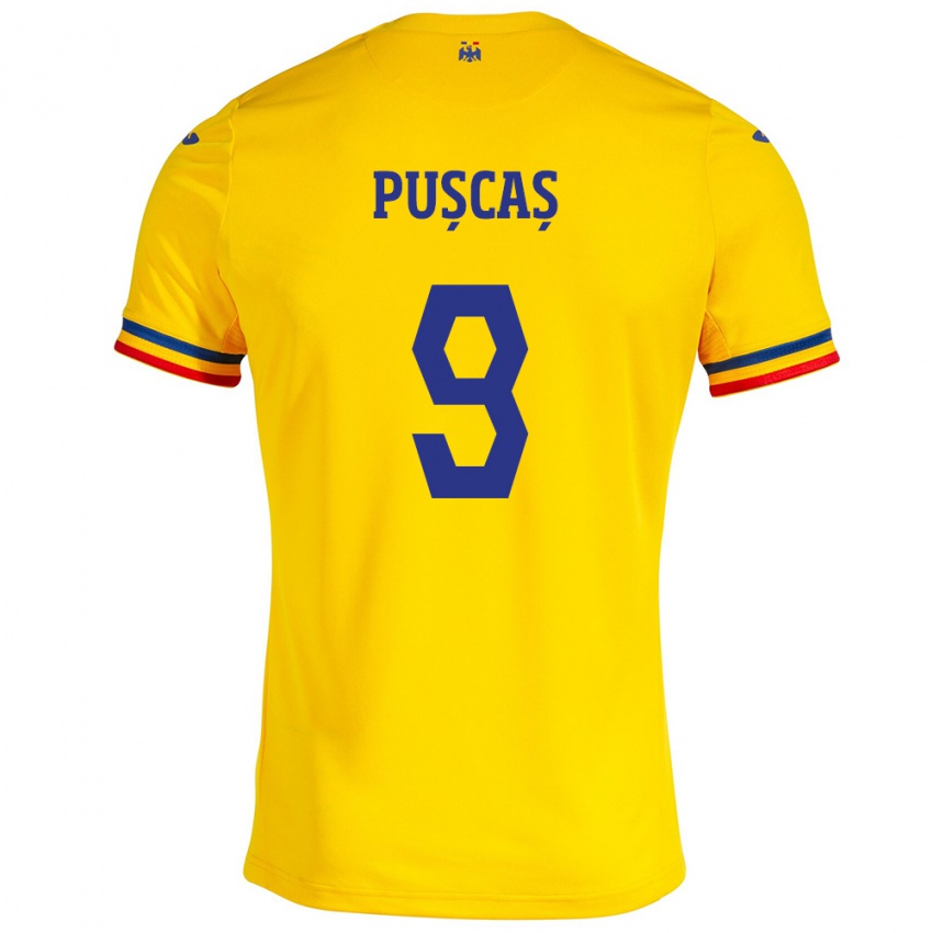 Dětské Rumunsko George Pușcaș #9 Žlutá Domů Hráčské Dresy 24-26 Dres