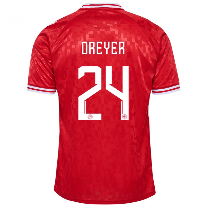 Dětské Dánsko Anders Dreyer #24 Červené Domů Hráčské Dresy 24-26 Dres