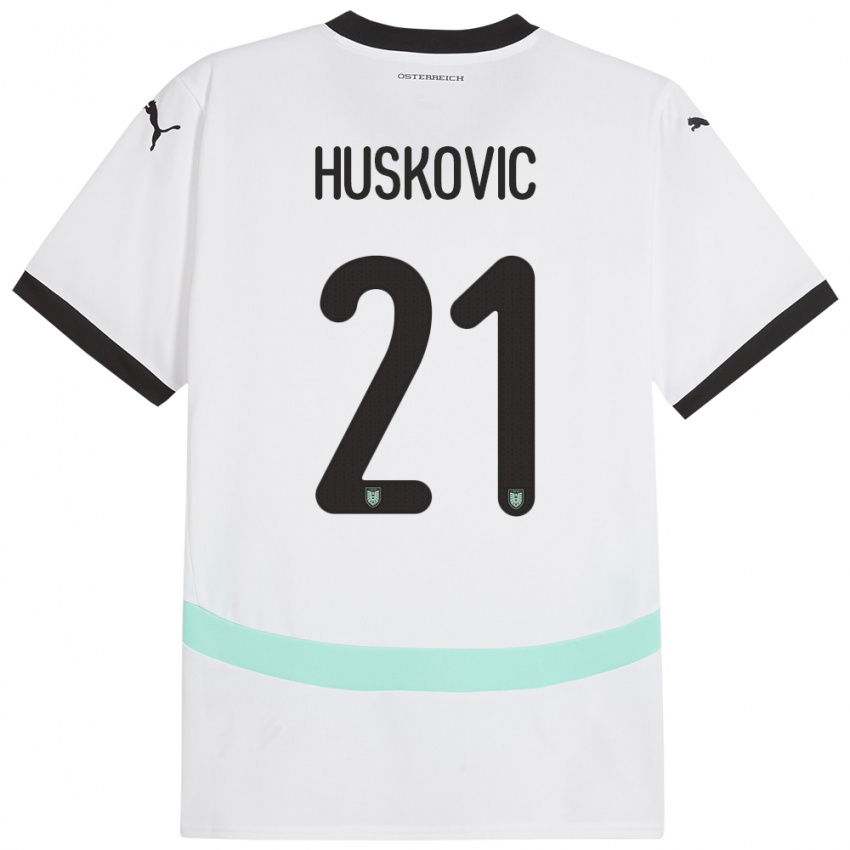 Dětské Rakousko Muharem Huskovic #21 Bílý Daleko Hráčské Dresy 24-26 Dres