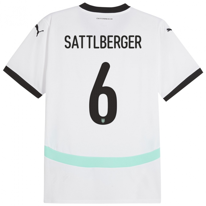 Dětské Rakousko Nikolas Sattlberger #6 Bílý Daleko Hráčské Dresy 24-26 Dres