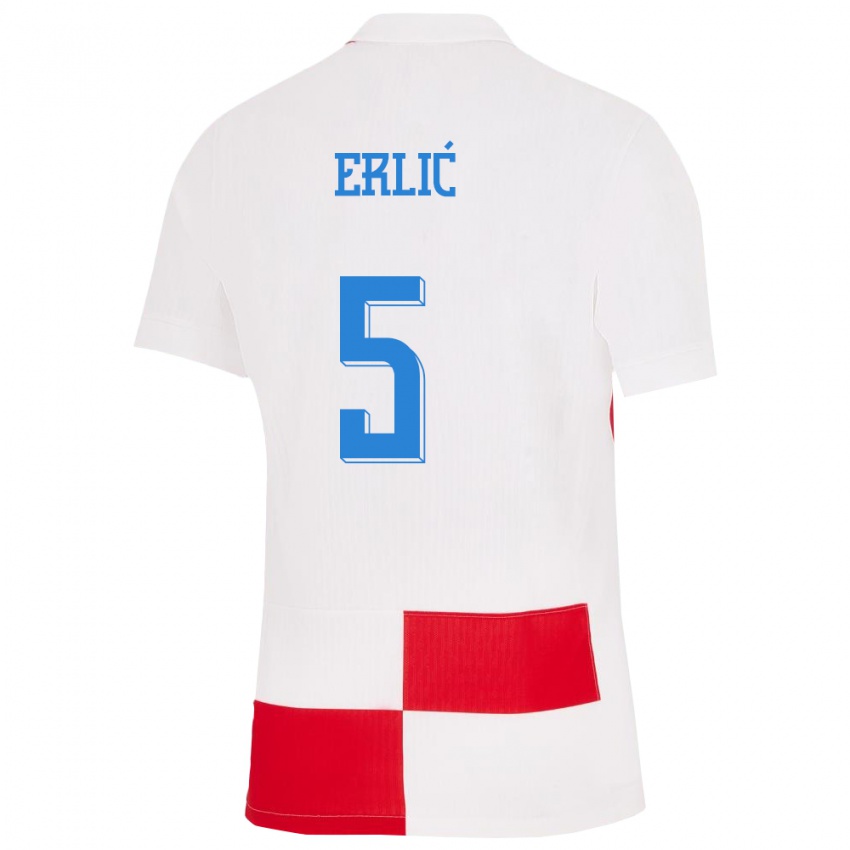 Pánské Chorvatsko Martin Erlic #5 Bílá Červená Domů Hráčské Dresy 24-26 Dres