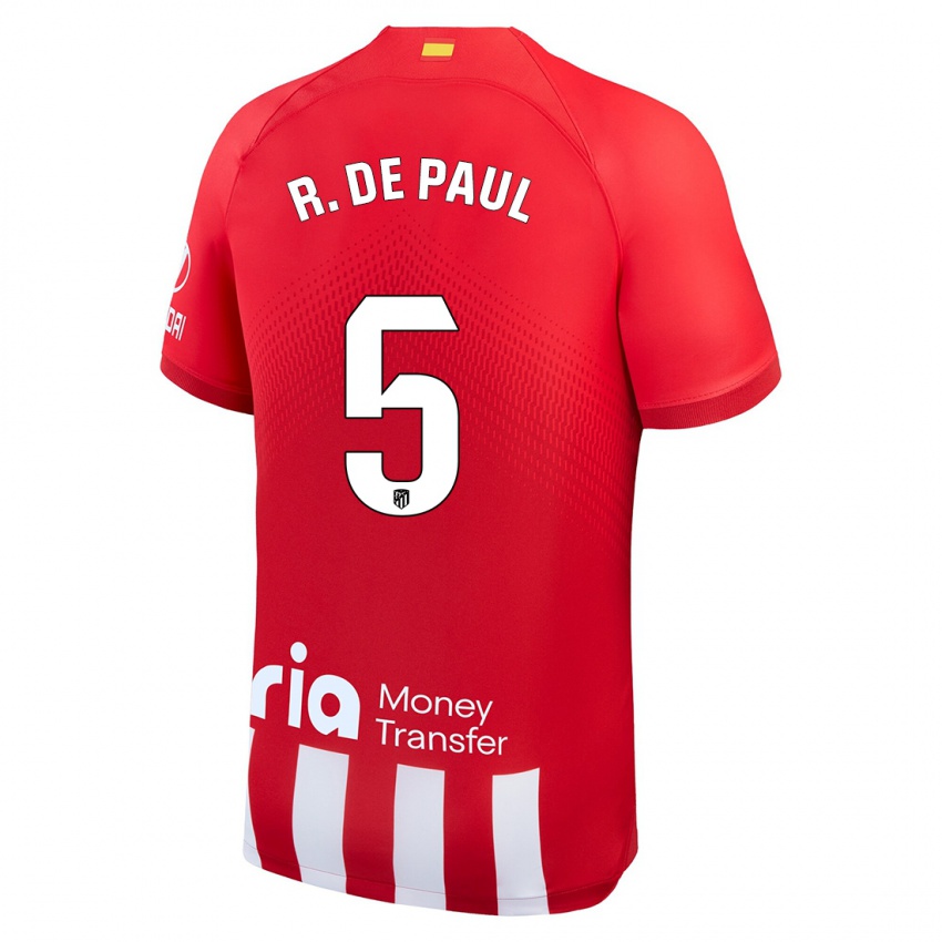 Dětské Rodrigo De Paul #5 Červená Bílá Domů Hráčské Dresy 2023/24 Dres