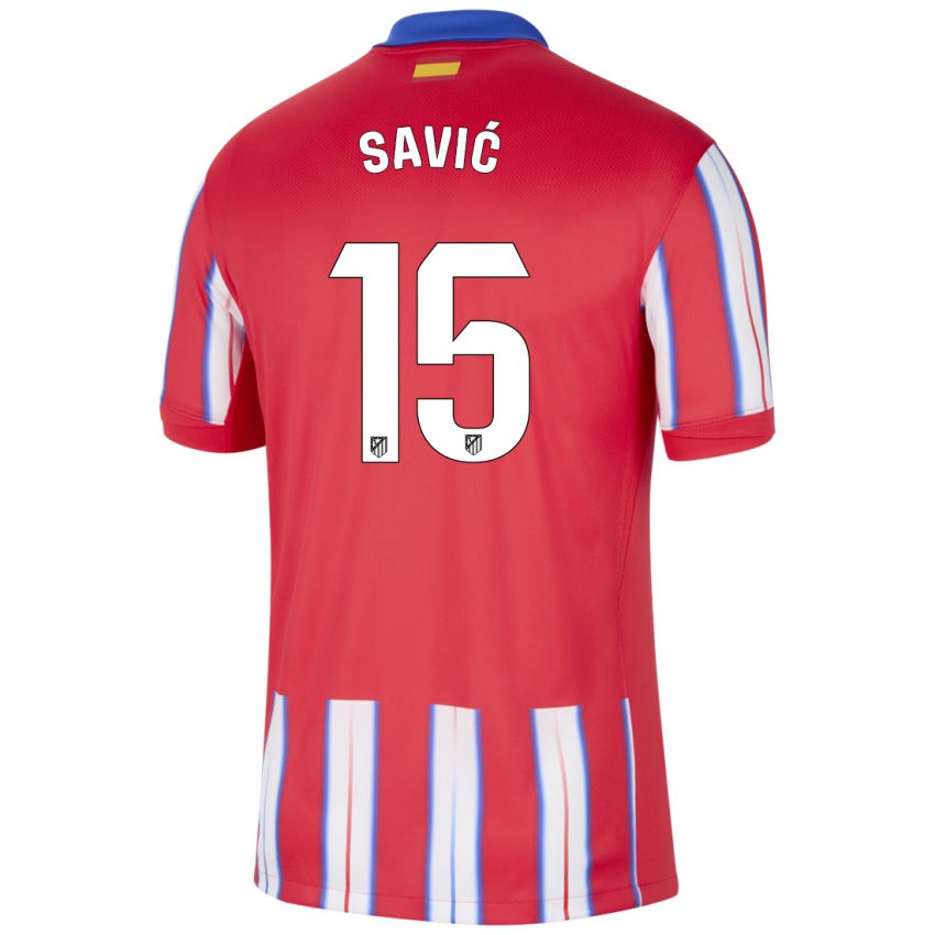 Dětské Stefan Savic #15 Červená Bílá Modrá Domů Hráčské Dresy 2024/25 Dres