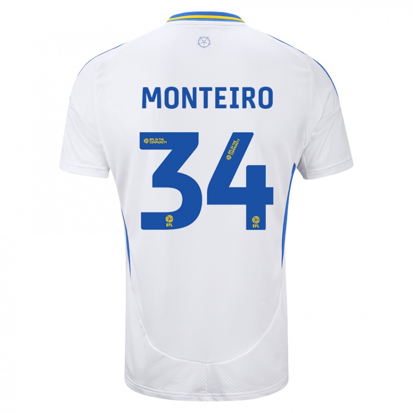 Dětské Diogo Monteiro #34 Bílá Modrá Domů Hráčské Dresy 2024/25 Dres