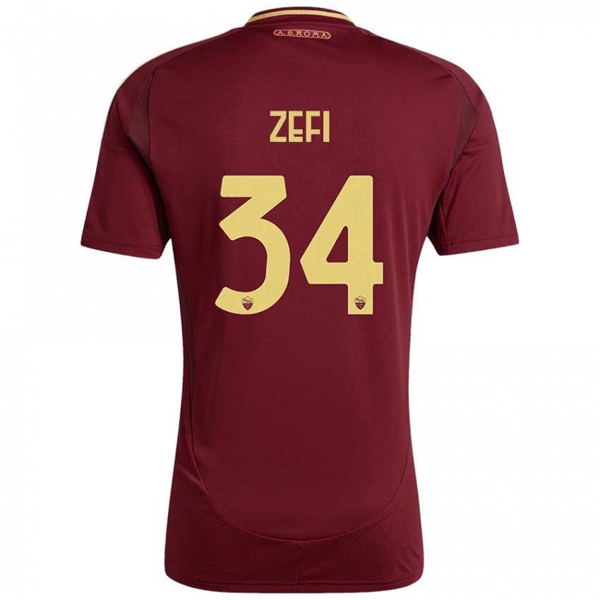 Dětské Kevin Zefi #34 Červená Hnědá Zlatá Domů Hráčské Dresy 2024/25 Dres